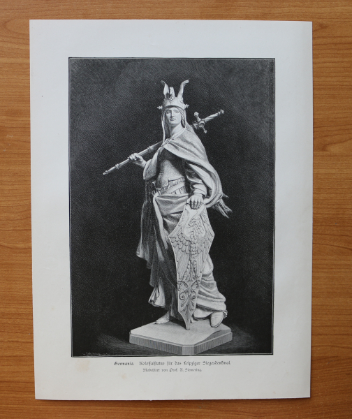 Holzstich Germania 1887 nach Kolossalstatue Leipzig Siegesdenkmal Modelliert von Prof R Siemering Kunst Künstler